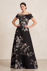Black A-Line Jacquard Off-the-Shoulder Mother of the Bride Dress | KISSBRIDAL