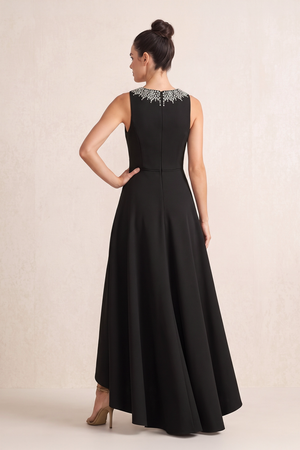 Black A-Line Round Neck Satin Mother of the Bride Dress With Rhinestones (2) | KISSBRIDAL