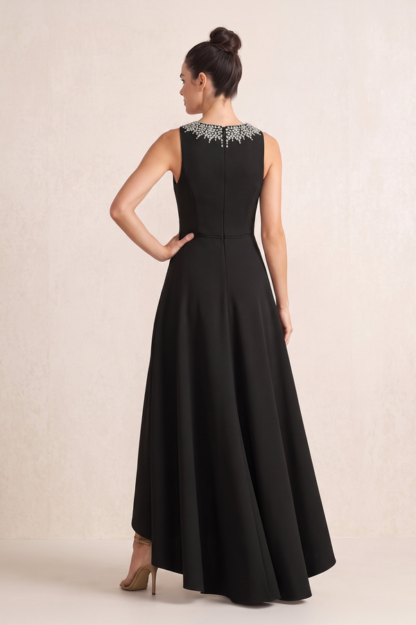 Black A-Line Round Neck Satin Mother of the Bride Dress With Rhinestones (2) | KISSBRIDAL