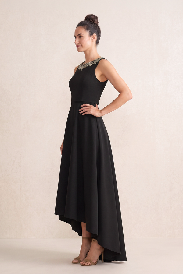 Black A-Line Round Neck Satin Mother of the Bride Dress With Rhinestones (3) | KISSBRIDAL