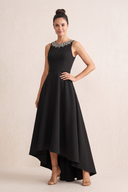 Black A-Line Round Neck Satin Mother of the Bride Dress With Rhinestones | KISSBRIDAL
