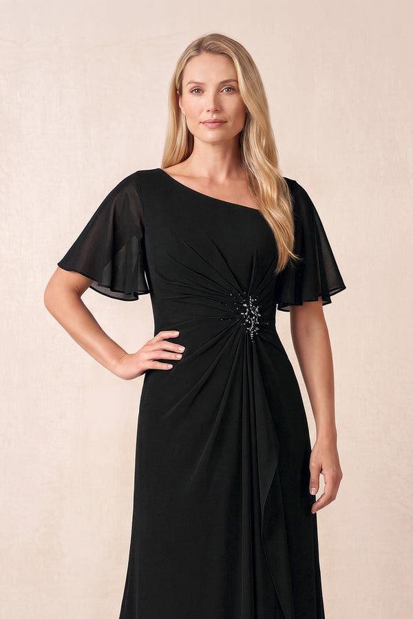 Black A-Line Ruched Chiffon Mother of the Bride Dress with Ruffled Sleeves (3) | KISSBRIDAL