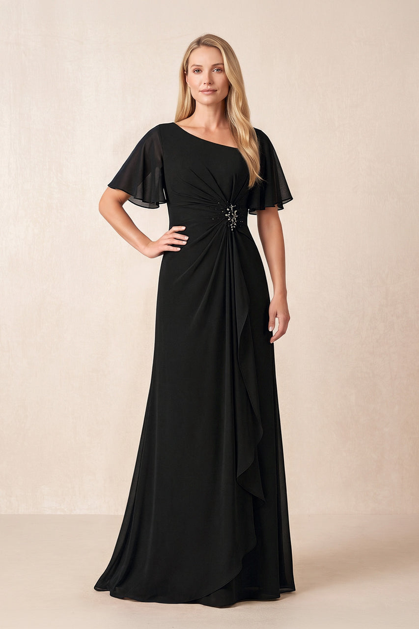 Black A-Line Ruched Chiffon Mother of the Bride Dress with Ruffled Sleeves