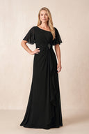 Black A-Line Ruched Chiffon Mother of the Bride Dress with Ruffled Sleeves | KISSBRIDAL