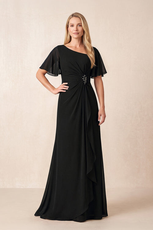 Black A-Line Ruched Chiffon Mother of the Bride Dress with Ruffled Sleeves | KISSBRIDAL