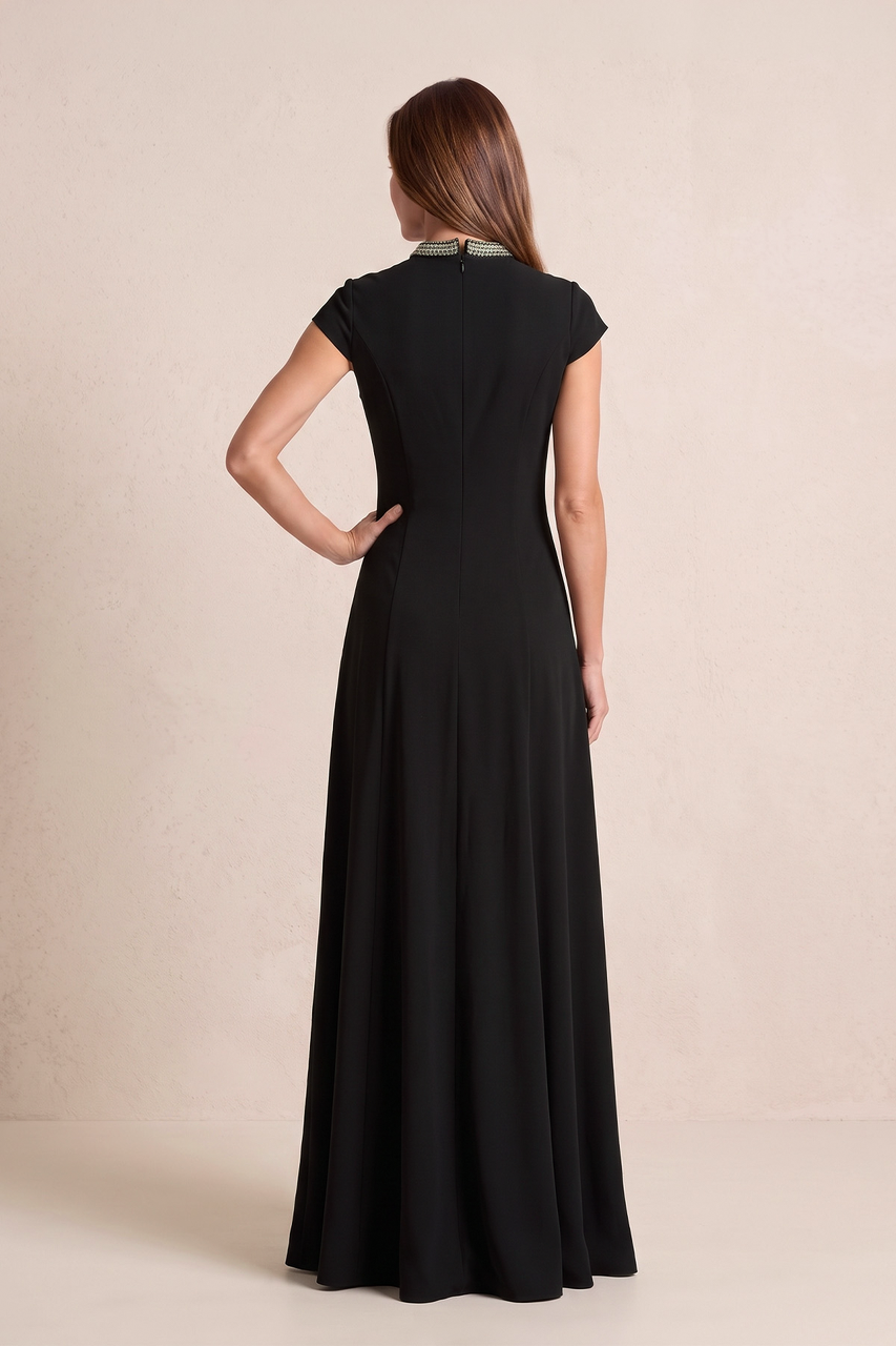Black A-Line Satin Cap Sleeves Mother of the Bride Dress With Beading