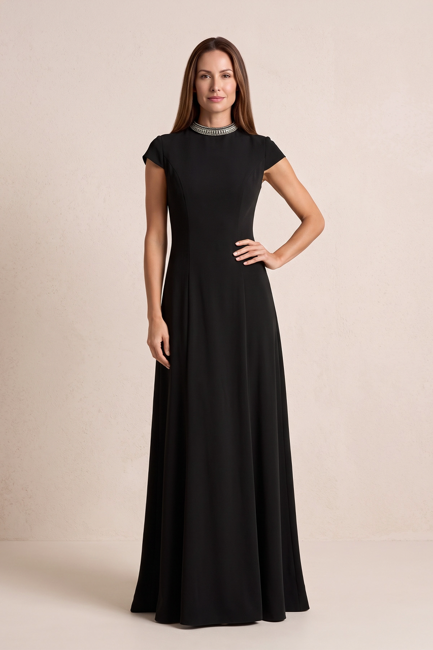 Black A-Line Satin Cap Sleeves Mother of the Bride Dress With Beading