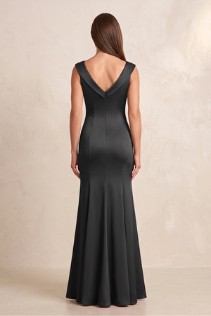 Black Bateau Neck Mermaid Satin Embroidered Mother of the Bride Dress (2) | KISSBRIDAL