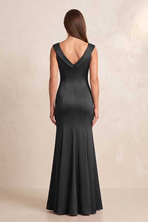 Black Bateau Neck Mermaid Satin Embroidered Mother of the Bride Dress (2) | KISSBRIDAL