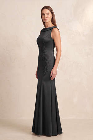 Black Bateau Neck Mermaid Satin Embroidered Mother of the Bride Dress (3) | KISSBRIDAL