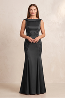 Black Bateau Neck Mermaid Satin Embroidered Mother of the Bride Dress | KISSBRIDAL