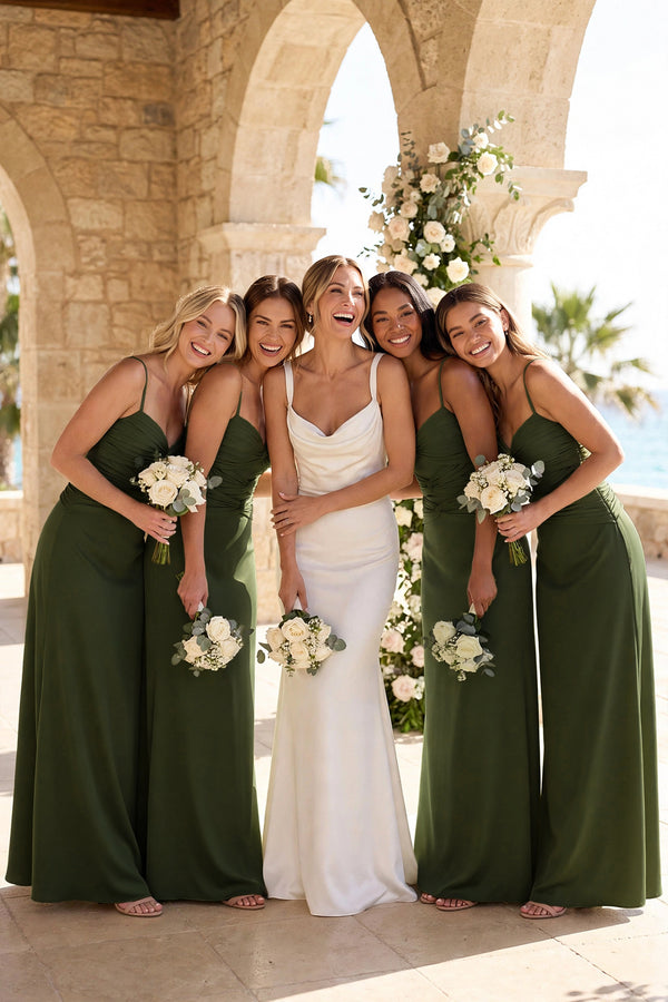 Black Cami Strap Pleated Sheath Satin Bridesmaid Dress | KISSBRIDAL