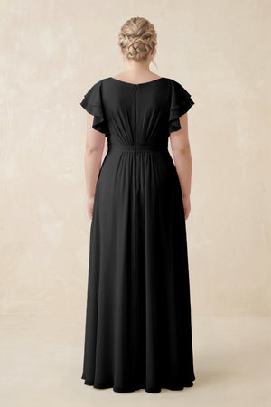 Black Cap Sleeve Ruffled A-Line Chiffon Bridesmaid Dress (2) [sizeplus]  | KISSBRIDAL