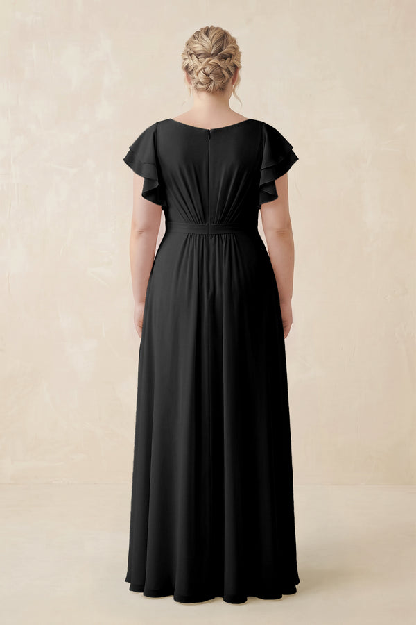 Black Cap Sleeve Ruffled A-Line Chiffon Bridesmaid Dress (2) [sizeplus]  | KISSBRIDAL
