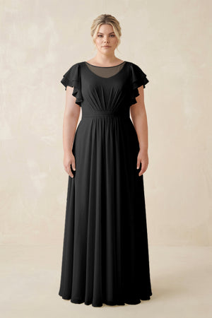 Black Cap Sleeve Ruffled A-Line Chiffon Bridesmaid Dress [sizeplus]  | KISSBRIDAL