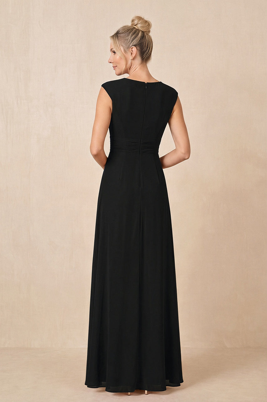 Black Cap Sleeves A-Line Chiffon Pleated Ruffled Mother of the Bride Dress