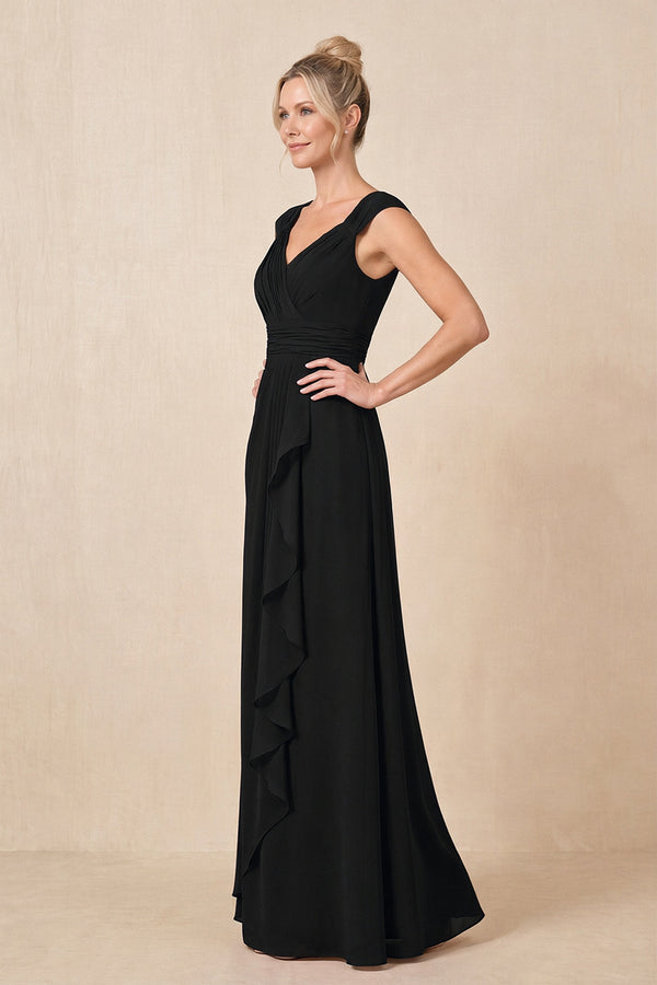 Black Cap Sleeves A-Line Chiffon Pleated Ruffled Mother of the Bride Dress (3) | KISSBRIDAL