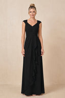 Black Cap Sleeves A-Line Chiffon Pleated Ruffled Mother of the Bride Dress | KISSBRIDAL