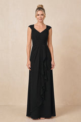 Black Cap Sleeves A-Line Chiffon Pleated Ruffled Mother of the Bride Dress | KISSBRIDAL