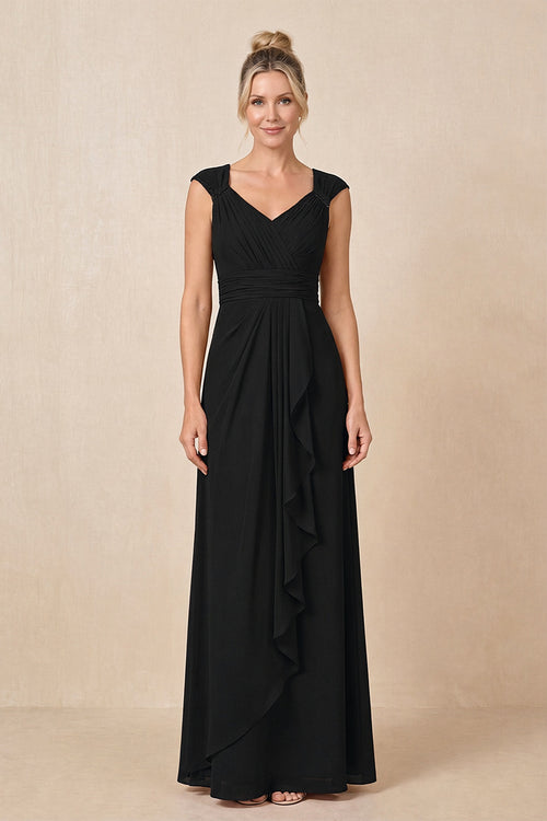 Black Cap Sleeves A-Line Chiffon Pleated Ruffled Mother of the Bride Dress | KISSBRIDAL