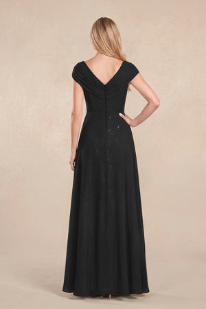 Black Cap Sleeves Chiffon A-Line Lace V-Neck Mother of the Bride Dress (2) | KISSBRIDAL