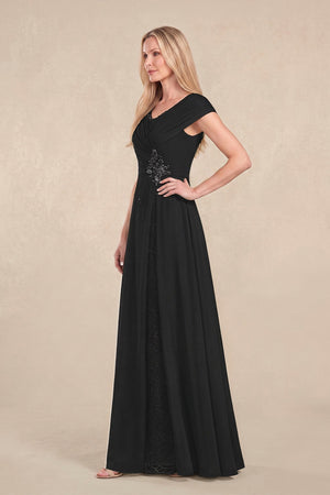 Black Cap Sleeves Chiffon A-Line Lace V-Neck Mother of the Bride Dress (3) | KISSBRIDAL