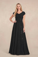 Black Cap Sleeves Chiffon A-Line Lace V-Neck Mother of the Bride Dress | KISSBRIDAL