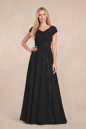 Black Cap Sleeves Chiffon A-Line Lace V-Neck Mother of the Bride Dress | KISSBRIDAL