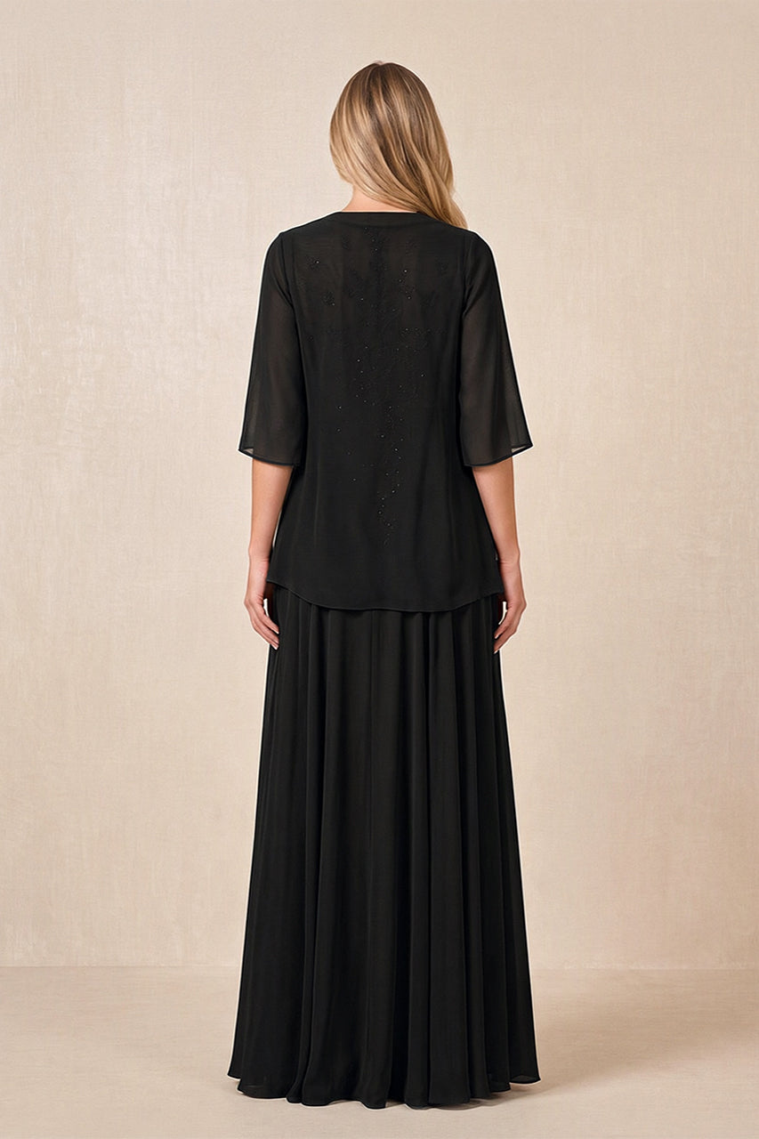 Black Cape Sleeves A-Line Chiffon Scoop Neck Embroidered Mother of the Bride Dress