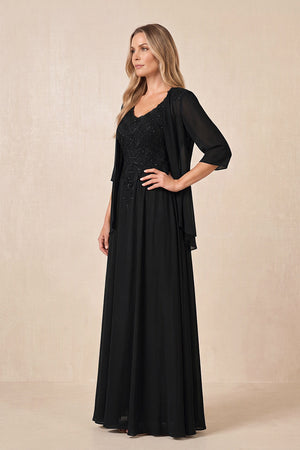 Black Cape Sleeves A-Line Chiffon Scoop Neck Embroidered Mother of the Bride Dress (3) | KISSBRIDAL