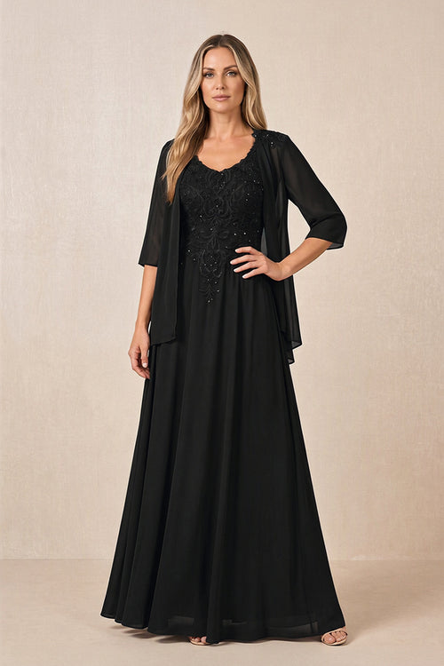Black Cape Sleeves A-Line Chiffon Scoop Neck Embroidered Mother of the Bride Dress | KISSBRIDAL