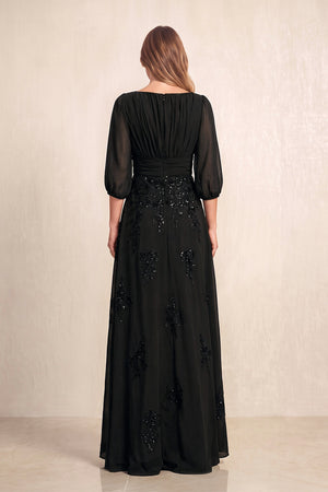 Black Chiffon A-Line Embroidered Boat Neck Long Mother of the Bride Dress (2) | KISSBRIDAL