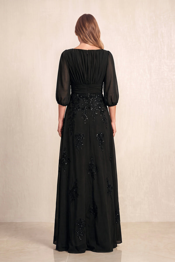 Black Chiffon A-Line Embroidered Boat Neck Long Mother of the Bride Dress (2) | KISSBRIDAL