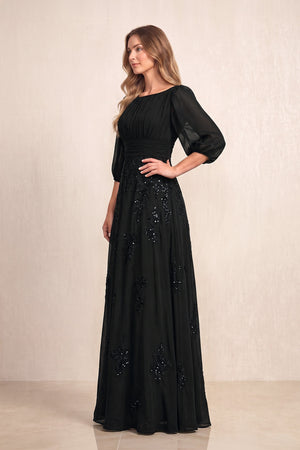 Black Chiffon A-Line Embroidered Boat Neck Long Mother of the Bride Dress (3) | KISSBRIDAL