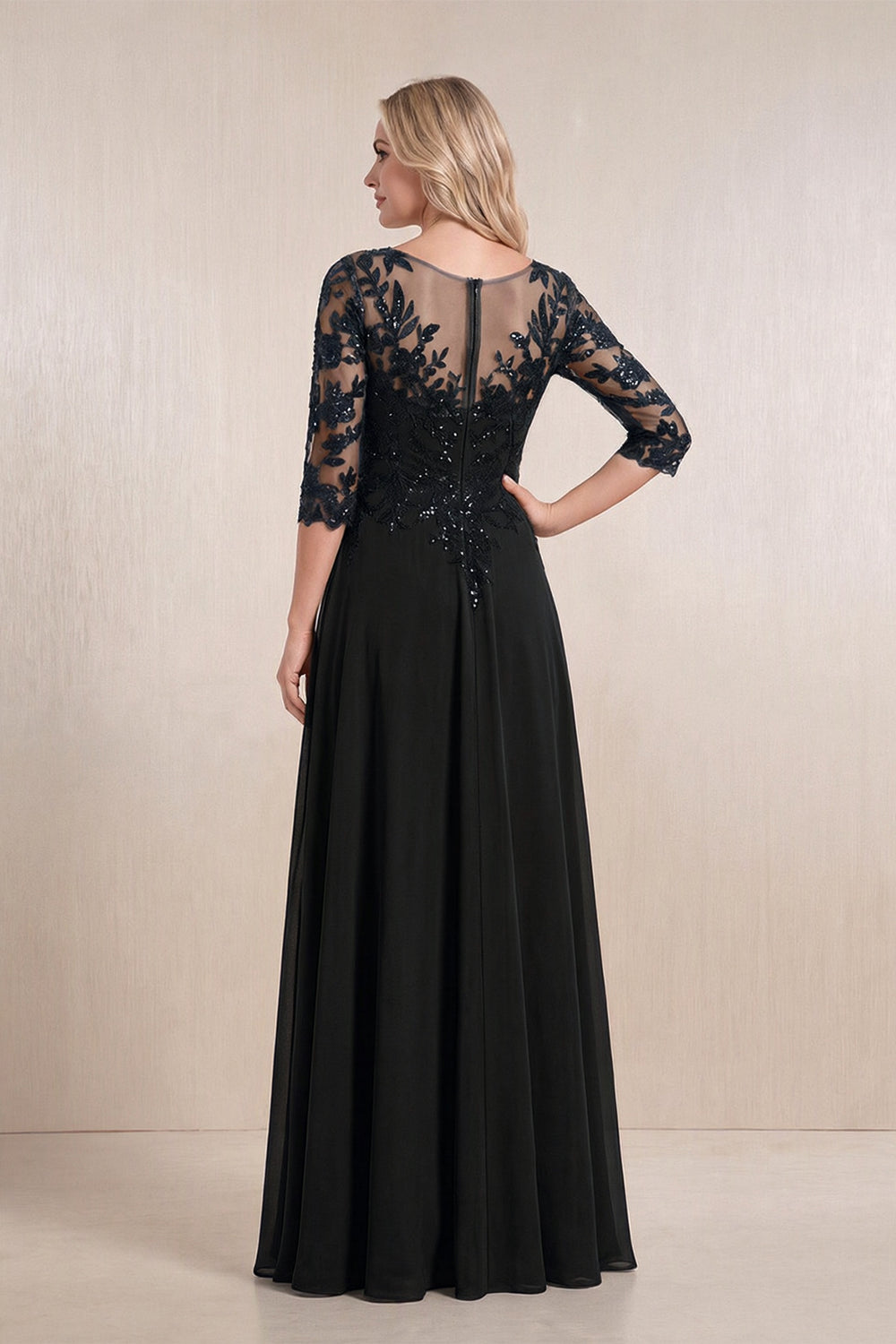 Black Chiffon A-Line Embroidered Mother of the Bride Dress With Sleeves