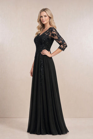 Black Chiffon A-Line Embroidered Mother of the Bride Dress With Sleeves (3) | KISSBRIDAL