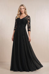 Black Chiffon A-Line Embroidered Mother of the Bride Dress With Sleeves | KISSBRIDAL
