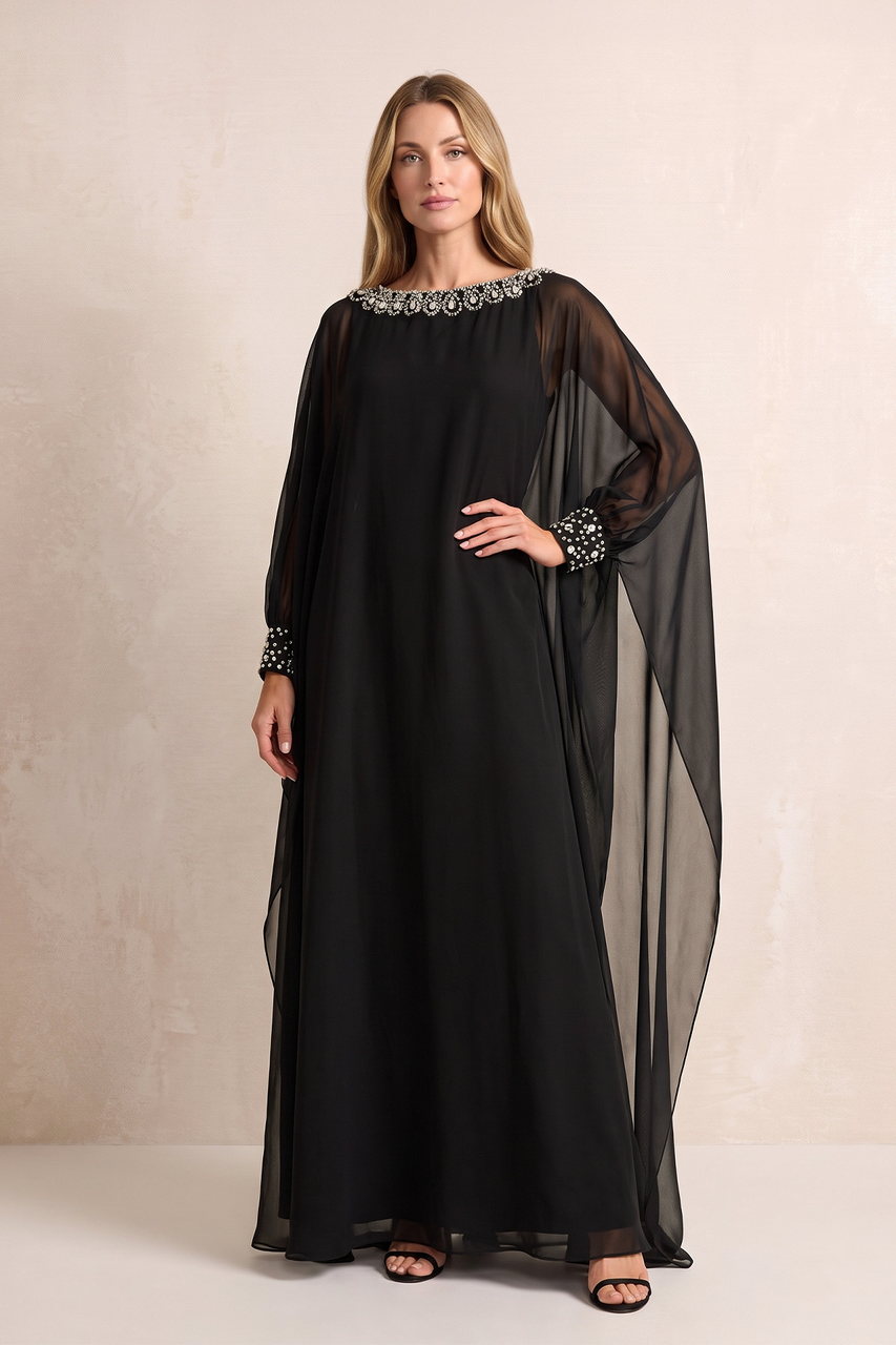 Black Chiffon A-Line Long Sleeves Mother of the Bride Dress With Rhinestones