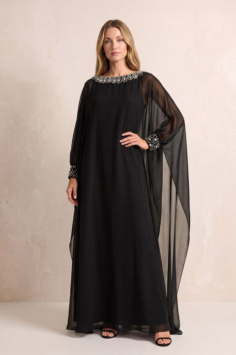 Black Chiffon A-Line Long Sleeves Mother of the Bride Dress With Rhinestones | KISSBRIDAL