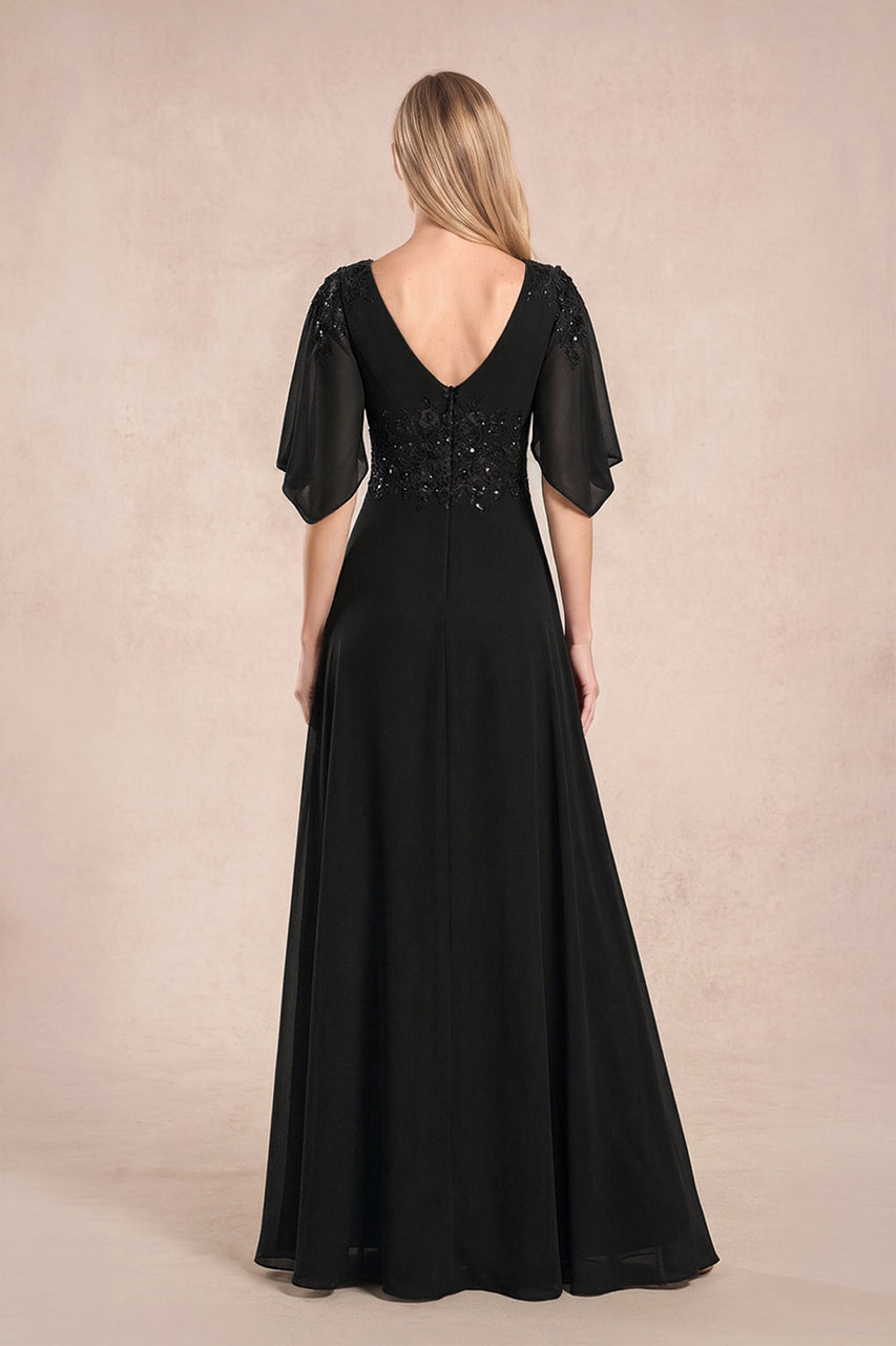Black Chiffon Lone Sleeves A-Line V-Neck Embroidered Mother of the Bride Dress