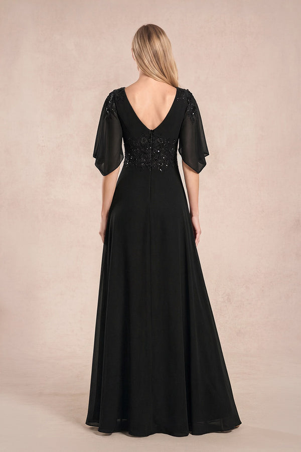 Black Chiffon Lone Sleeves A-Line V-Neck Embroidered Mother of the Bride Dress (2) | KISSBRIDAL