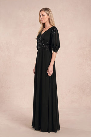 Black Chiffon Lone Sleeves A-Line V-Neck Embroidered Mother of the Bride Dress (3) | KISSBRIDAL