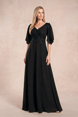 Black Chiffon Lone Sleeves A-Line V-Neck Embroidered Mother of the Bride Dress | KISSBRIDAL
