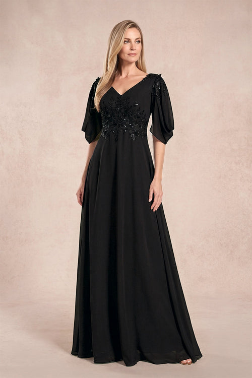 Black Chiffon Lone Sleeves A-Line V-Neck Embroidered Mother of the Bride Dress | KISSBRIDAL