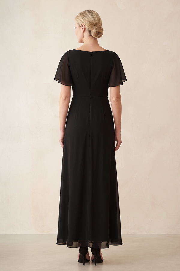 Black Chiffon Ruched A-Line Ruffled Sleeves Midi Mother of the Bride Dress (2) | KISSBRIDAL