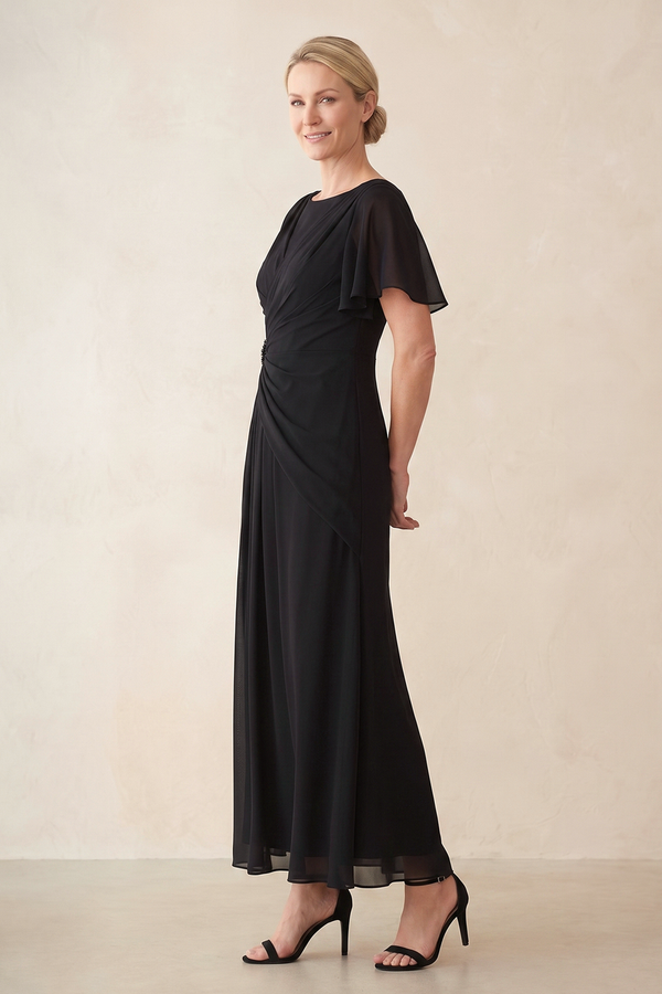 Black Chiffon Ruched A-Line Ruffled Sleeves Midi Mother of the Bride Dress (3) | KISSBRIDAL