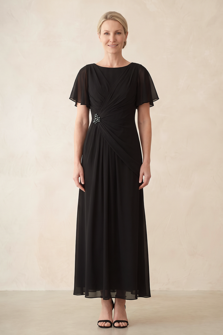 Black Chiffon Ruched A-Line Ruffled Sleeves Midi Mother of the Bride Dress