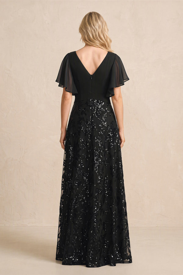 Black Chiffon V-Neck A-Line Embroidered Mother of the Bride Dress with Ruffled Sleeves (2) | KISSBRIDAL