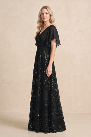 Black Chiffon V-Neck A-Line Embroidered Mother of the Bride Dress with Ruffled Sleeves (3) | KISSBRIDAL