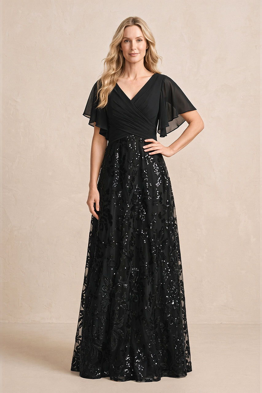 Black Chiffon V-Neck A-Line Embroidered Mother of the Bride Dress with Ruffled Sleeves